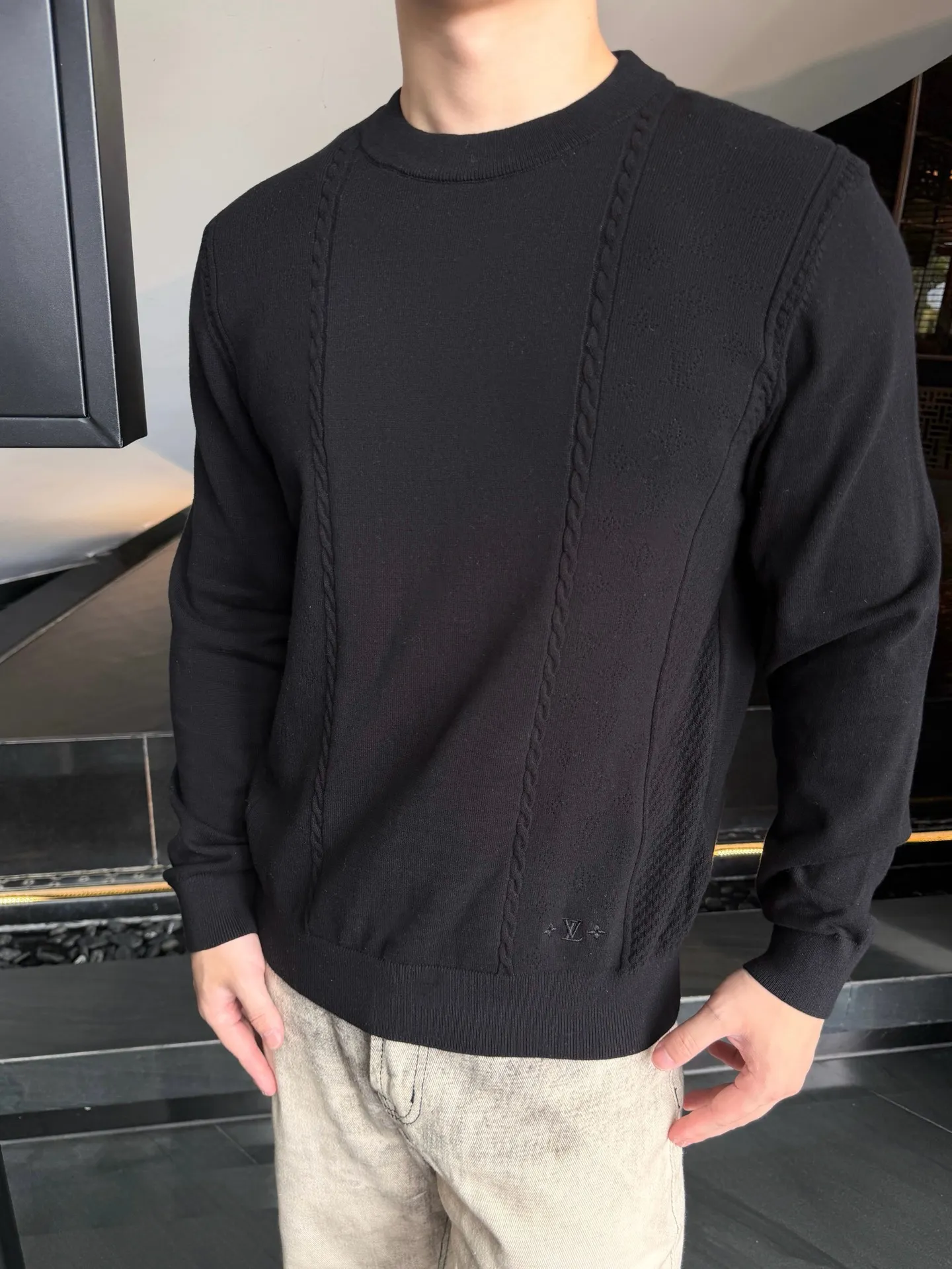 Louis Vuitton/Louis Vuitton hem three-flower jacquard mesh crew neck sweater